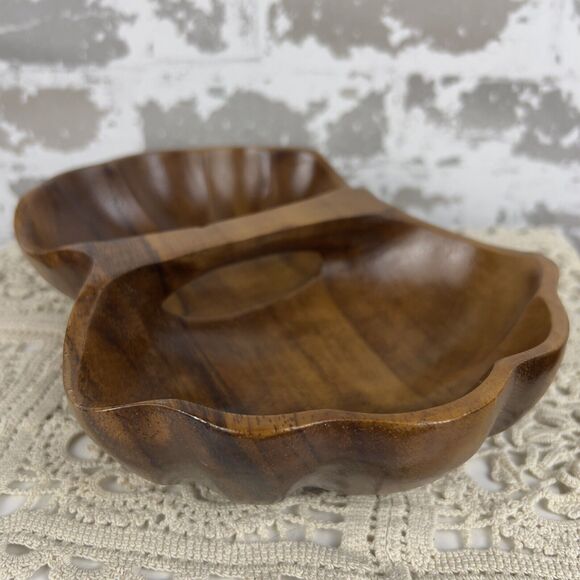 Monkey Pod Wood Basket‎ Bowl With Serving Spoons Hand Carved Scalloped Seashell - Picture 4 of 13